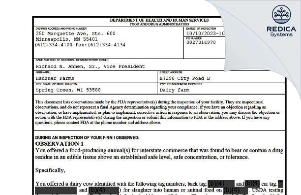 FDA 483 - Hausner Farms [Spring Green / United States of America] - Download PDF - Redica Systems