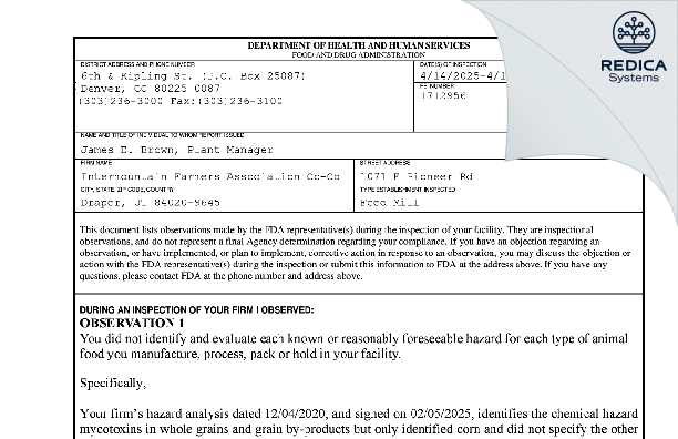 FDA 483 - Intermountain Farmers Association Draper Mill [Draper / United States of America] - Download PDF - Redica Systems