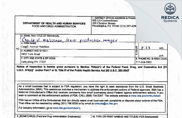 FDA 483 - Cargill, Incorporated [Gettysburg / United States of America] - Download PDF - Redica Systems