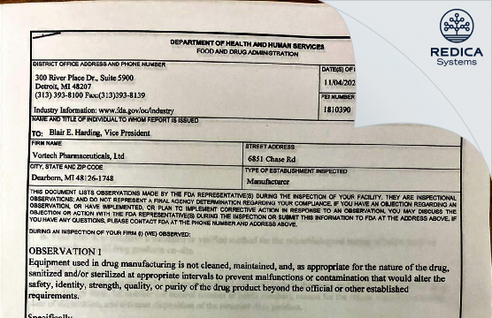 FDA 483 - Vortech Pharmaceuticals, Ltd. [Dearborn / United States of America] - Download PDF - Redica Systems