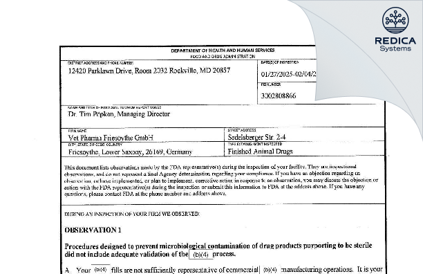 FDA 483 - Vet Pharma Friesoythe GmbH [Friesoythe / Germany] - Download PDF - Redica Systems
