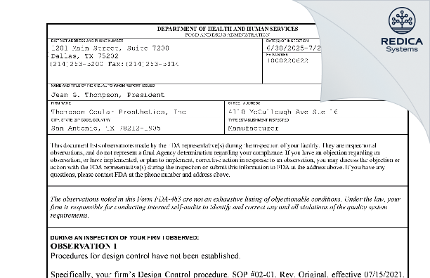 FDA 483 - Thompson Ocular Prosthetics, Inc [San Antonio / United States of America] - Download PDF - Redica Systems