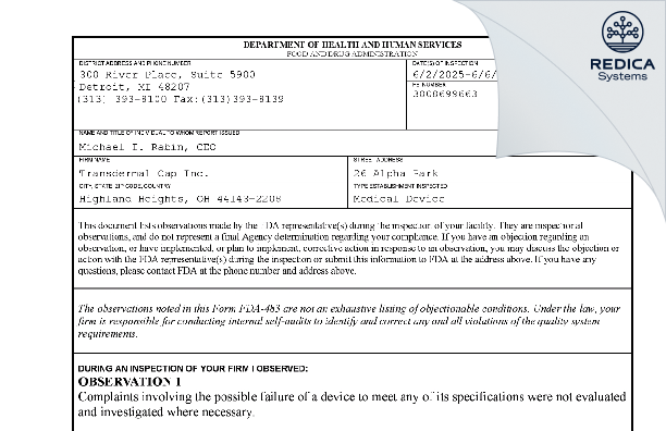 FDA 483 - Transdermal Cap Inc. [Cleveland / United States of America] - Download PDF - Redica Systems