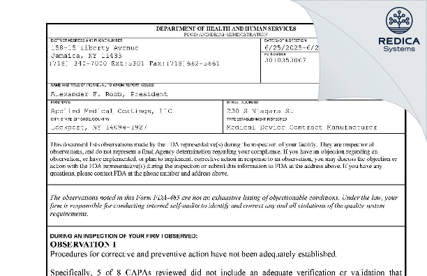 FDA 483 - Applied Medical Coatings, LLC [Lockport / United States of America] - Download PDF - Redica Systems
