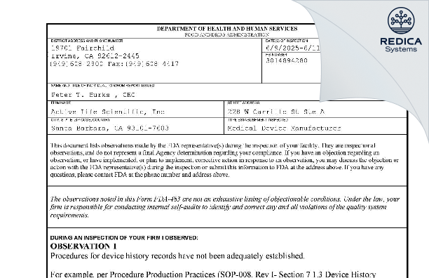 FDA 483 - Active Life Scientific, Inc [Santa Barbara / United States of America] - Download PDF - Redica Systems