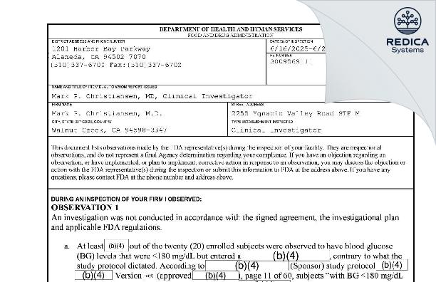 FDA 483 - Mark P. Christiansen, M.D. [Walnut Creek / United States of America] - Download PDF - Redica Systems