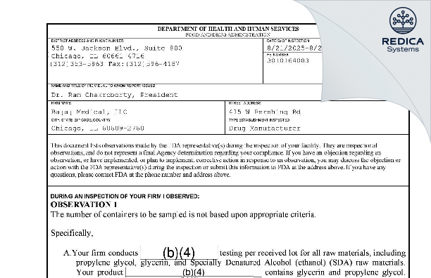 FDA 483 - Bajaj Medical, LLC [Chicago / United States of America] - Download PDF - Redica Systems