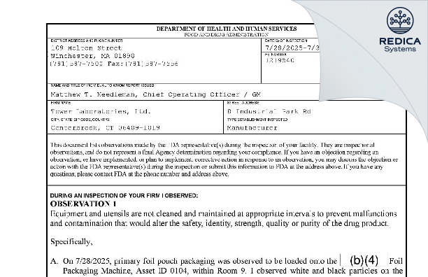 FDA 483 - Tower Laboratories Ltd [Centerbrook / United States of America] - Download PDF - Redica Systems