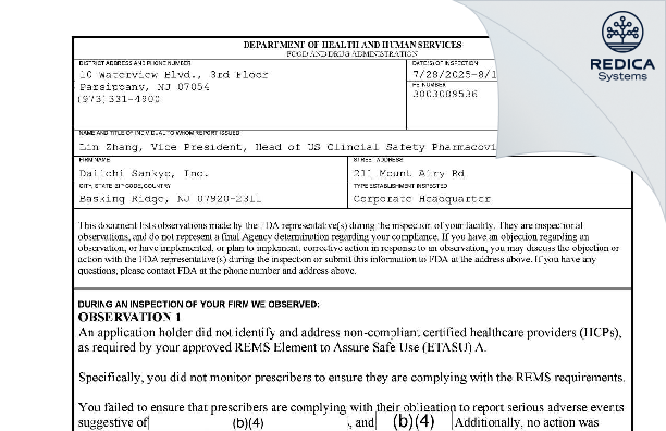 FDA 483 - Daiichi Sankyo, Inc. [Basking Ridge / United States of America] - Download PDF - Redica Systems