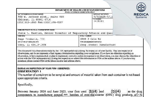FDA 483 - Sage Products LLC [Cary / United States of America] - Download PDF - Redica Systems