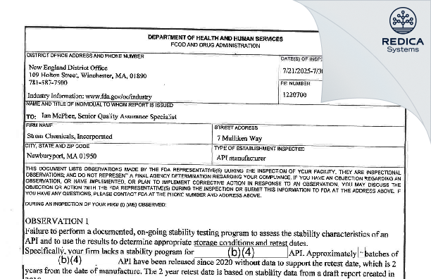 FDA 483 - Strem Chemicals, Inc. [Newburyport / United States of America] - Download PDF - Redica Systems