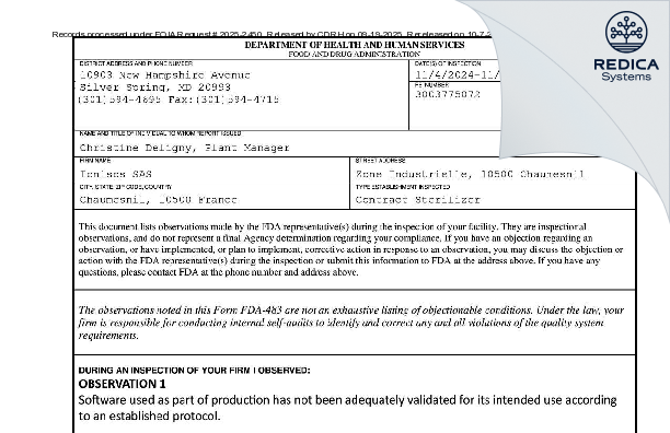 FDA 483 - Ionisos [Brienne-Le-Château / France] - Download PDF - Redica Systems