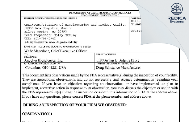 FDA 483 - Andelyn Biosciences, Inc. [Columbus / United States of America] - Download PDF - Redica Systems