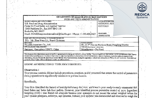FDA 483 - Porpoise Aquarium [Duruan / China] - Download PDF - Redica Systems