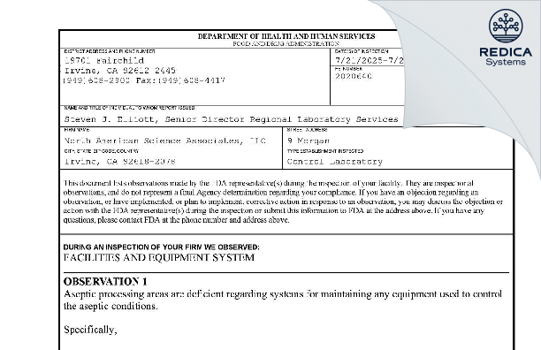 FDA 483 - North American Science Associates, LLC [Irvine / United States of America] - Download PDF - Redica Systems