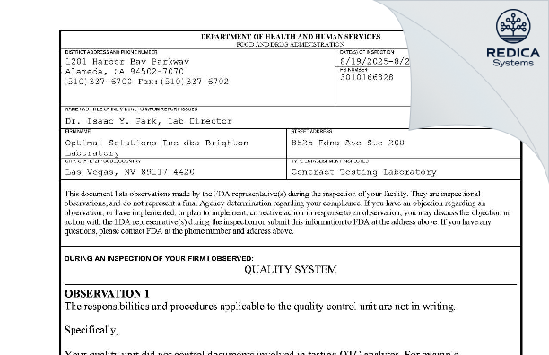 FDA 483 - Brighton Laboratory [Las Vegas / United States of America] - Download PDF - Redica Systems
