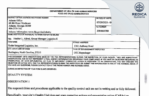 FDA 483 - Impact Fulfillment Services [Burlington / United States of America] - Download PDF - Redica Systems