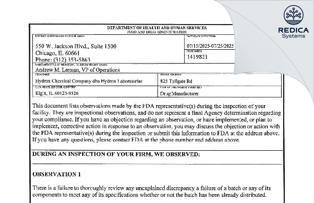FDA 483 - Hydrox Laboratories [Elgin / United States of America] - Download PDF - Redica Systems