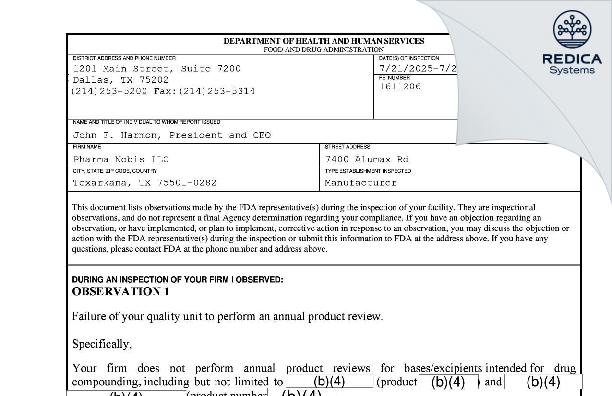 FDA 483 - Pharma Nobis, LLC [Texarkana / United States of America] - Download PDF - Redica Systems