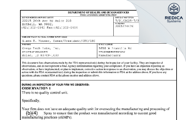 FDA 483 - Omega Tech Labs Inc [Boise / United States of America] - Download PDF - Redica Systems