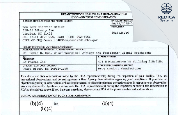 FDA 483 - RK PHARMA INC [Pearl River / United States of America] - Download PDF - Redica Systems