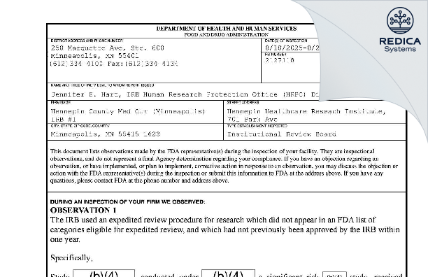 FDA 483 - Human Subjects Research Committee [Minneapolis / United States of America] - Download PDF - Redica Systems