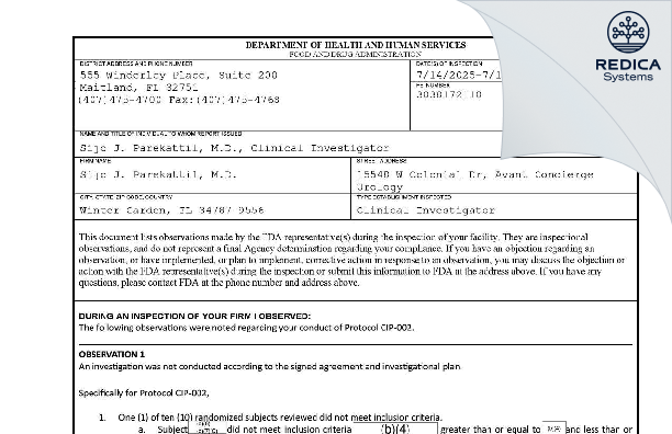 FDA 483 - Sijo J. Parekattil, M.D. [Winter Garden / United States of America] - Download PDF - Redica Systems