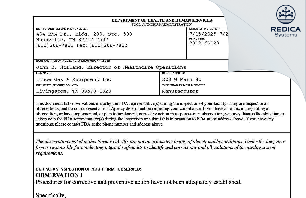 FDA 483 - Linde Gas & Equipment Inc [Livingston / United States of America] - Download PDF - Redica Systems