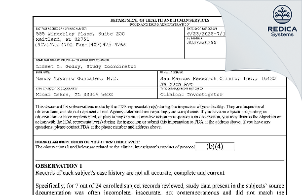 FDA 483 - Nancy Navarro M.D. [Miami Lakes / United States of America] - Download PDF - Redica Systems