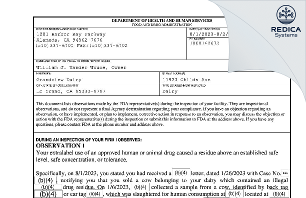 FDA 483 - Grandview Dairy [Le Grand / United States of America] - Download PDF - Redica Systems
