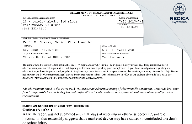 FDA 483 - Keystone Industries [Cherry Hill / United States of America] - Download PDF - Redica Systems