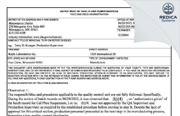 FDA 483 - Radix Laboratories Incorporated [Eau Claire / United States of America] - Download PDF - Redica Systems
