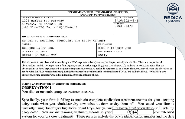 FDA 483 - Sozinho Dairy Inc. [Selma / United States of America] - Download PDF - Redica Systems