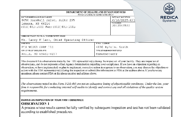 FDA 483 - ETS WOUND CARE LLC [Rolla / United States of America] - Download PDF - Redica Systems