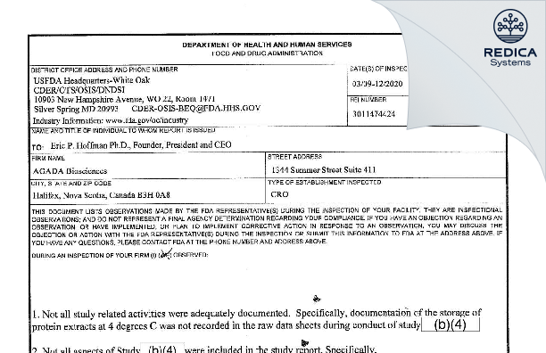 FDA 483 - Agada Biosciences Corp [Halifax / Canada] - Download PDF - Redica Systems