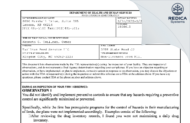 FDA 483 - Twillman Feed Service LLC [Kingdom City / United States of America] - Download PDF - Redica Systems