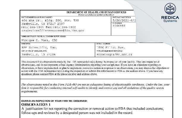 FDA 483 - RAM Scientific, Inc. [Nashville / United States of America] - Download PDF - Redica Systems