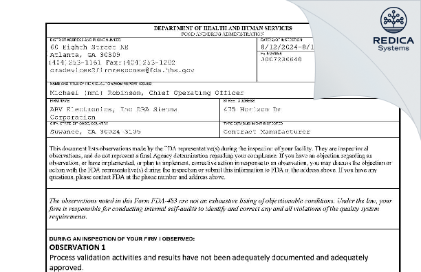 FDA 483 - ABV ELECTRONICS, INC DBA SIENNA CORPORATION [Suwanee / United States of America] - Download PDF - Redica Systems