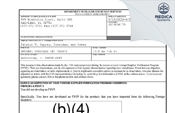 FDA 483 - NATURAL CRAVINGS PET TREATS [Homestead / United States of America] - Download PDF - Redica Systems