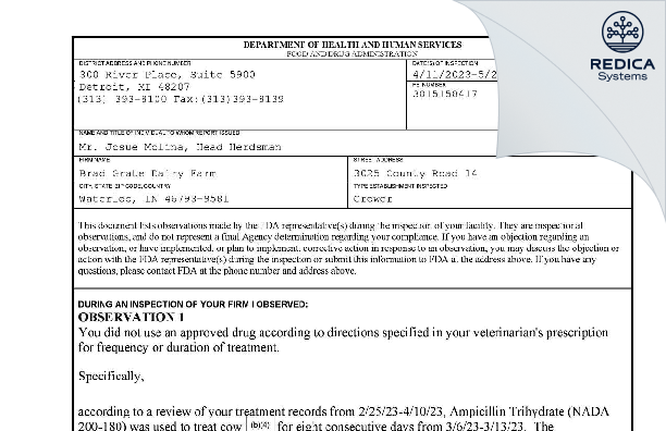 FDA 483 - Brad Grate Dairy Farm [Waterloo / United States of America] - Download PDF - Redica Systems