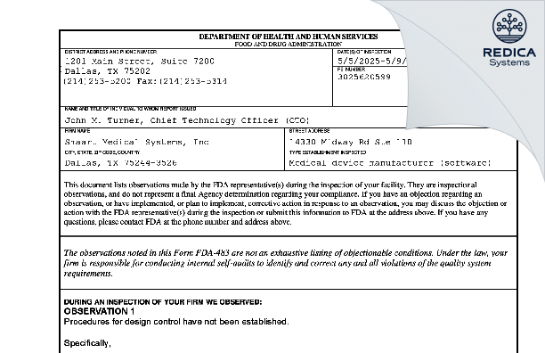 FDA 483 - SMAART MEDICAL SYSTEMS, INC. [Dallas / United States of America] - Download PDF - Redica Systems