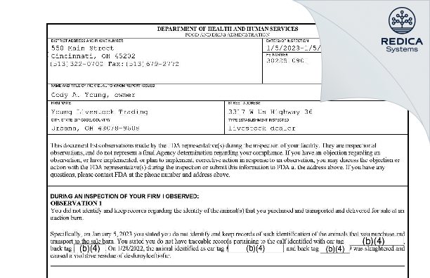 FDA 483 - Young Livestock Trading [Casstown / United States of America] - Download PDF - Redica Systems