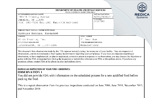 FDA 483 - Sirob Imports, Inc. [Lindenhurst / United States of America] - Download PDF - Redica Systems