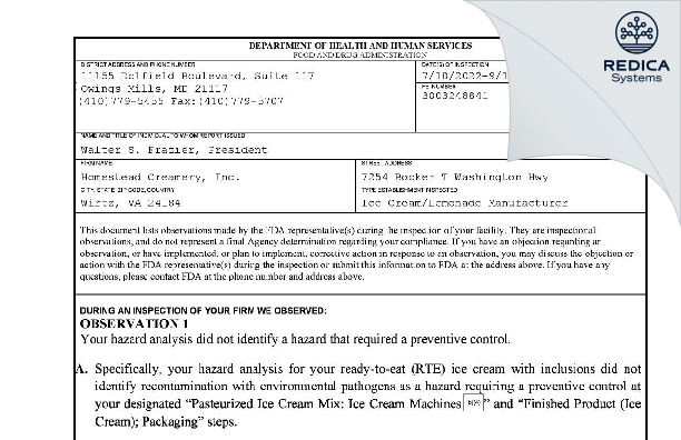 FDA 483 - Homestead Creamery, Inc. [Wirtz / United States of America] - Download PDF - Redica Systems