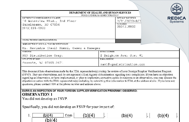 FDA 483 - KGR Distribution Corp. [Passaic / United States of America] - Download PDF - Redica Systems