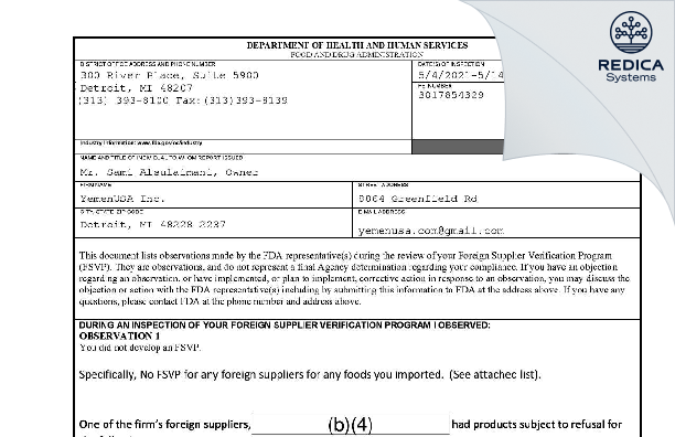 FDA 483 - YemenUSA Inc. [Detroit / United States of America] - Download PDF - Redica Systems