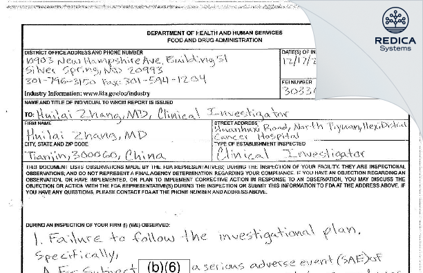 FDA 483 - Huilai Tianjin Zhang [Hexi / China] - Download PDF - Redica Systems