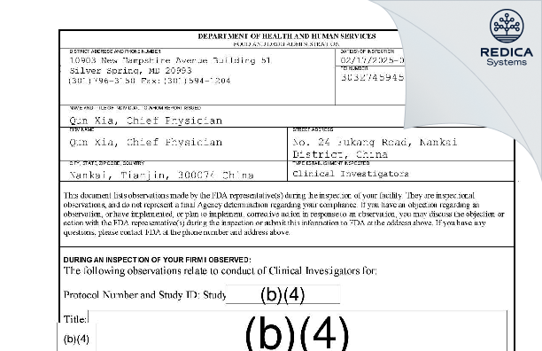 FDA 483 - Qun Xia [Nankai / China] - Download PDF - Redica Systems