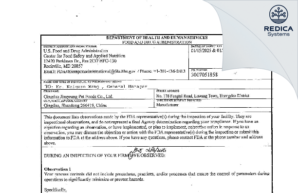 FDA 483 - Qingdao Jingwang Pet Foods Co.,Ltd [Qingdao / China] - Download PDF - Redica Systems