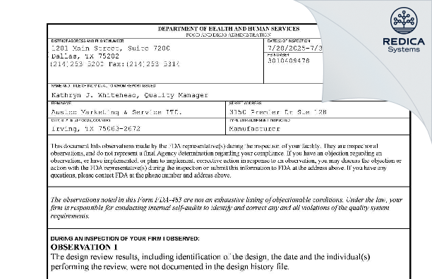 FDA 483 - Austco Marketing & Service LTD. [Irving / United States of America] - Download PDF - Redica Systems